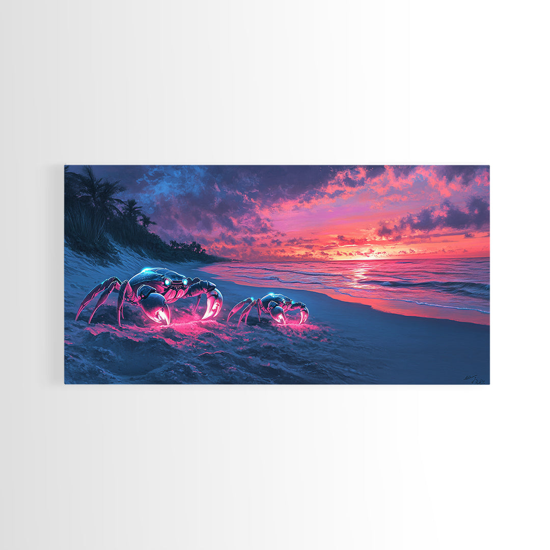 Glowing Neon Crabs On Twilight Beach Canvas Print, Cyberpunk Ocean Wall Art, Tropical Coastal Decor, Sci Fi Seascape Gift