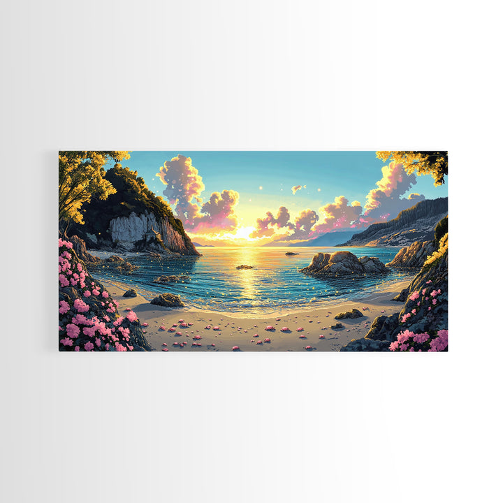 Mountain Cove Sunset With Pink Flowers Wall Art, Coastal Lake Canvas Print, Nature Landscape Decor, Serene Beach House Gift