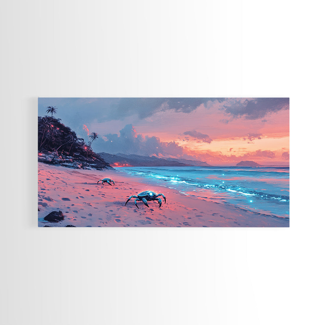 Bioluminescent Crab Beach At Pink Sunset Canvas Print, Coastal Wall Art, Ocean Decor, Beach House Gift, Fantasy Seascape