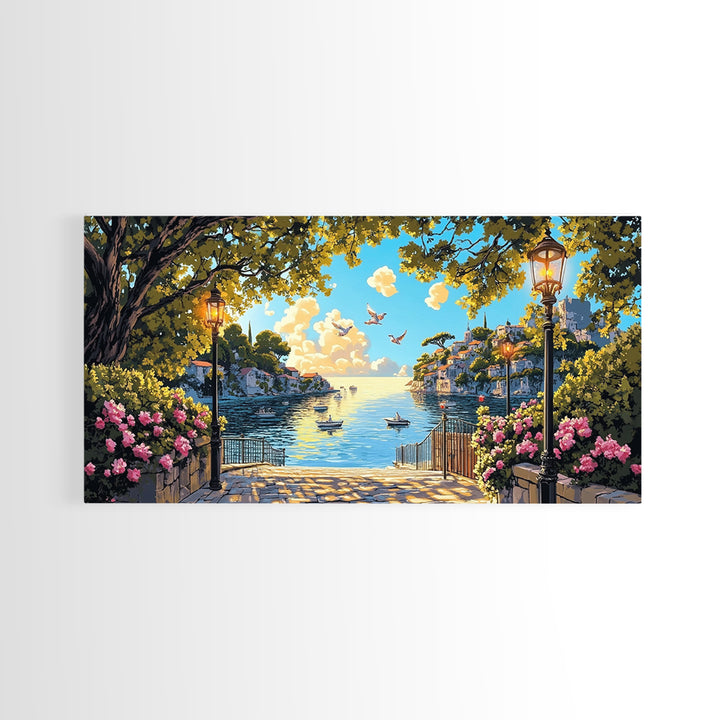 Sunny Mediterranean Harbor With Flowers And Lamps Wall Art, Coastal Canvas Print, Italian Decor, Living Room Wall Decor Gift