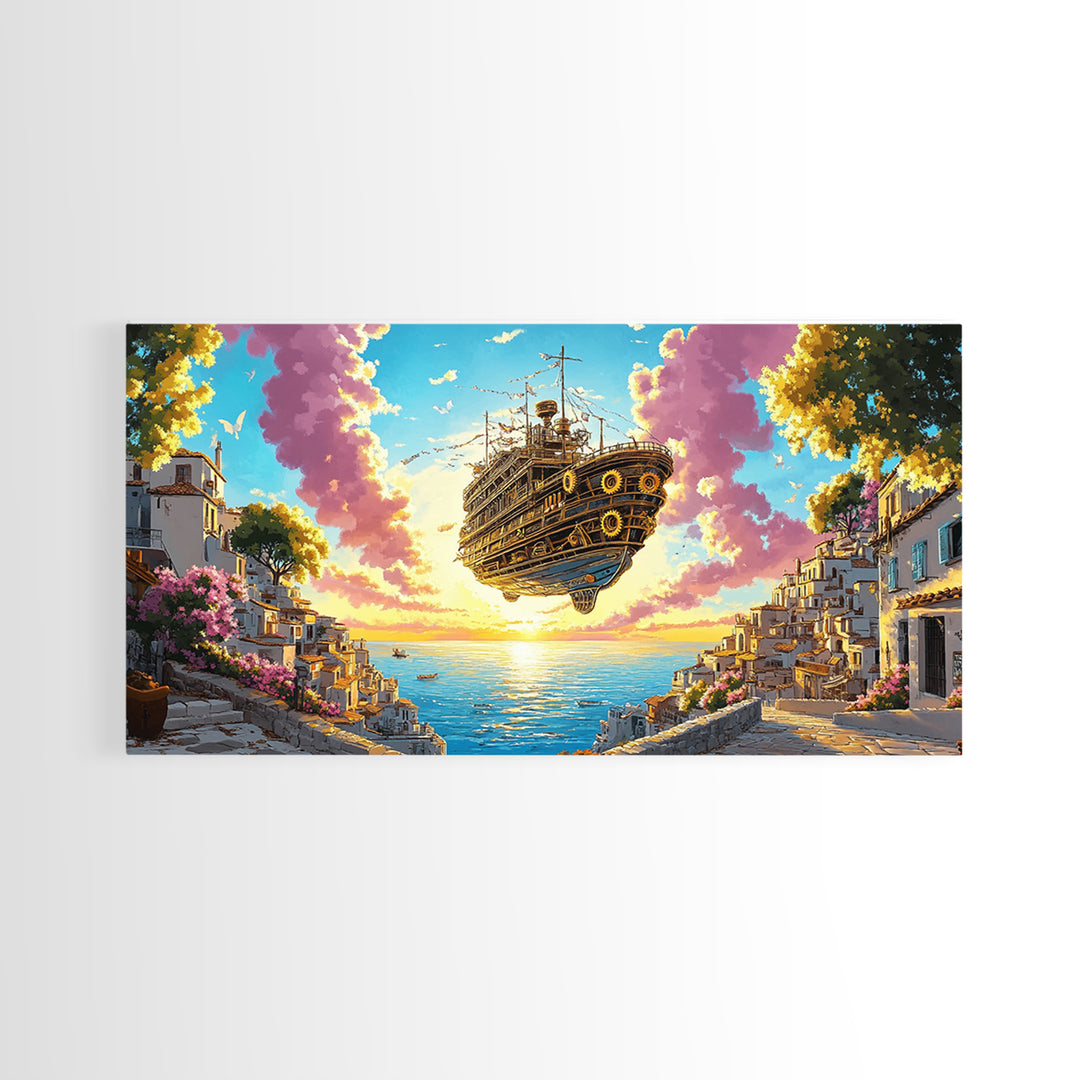 Floating Steampunk Ship Above White Coastal Village Canvas Print, Fantasy Wall Art, Mediterranean Decor, Travel Poster Gift