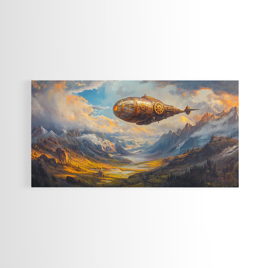 Golden Steampunk Airship Over Snowy Mountain Valley Canvas Print, Fantasy Wall Art, Moody Landscape Art, Office Decor Gift