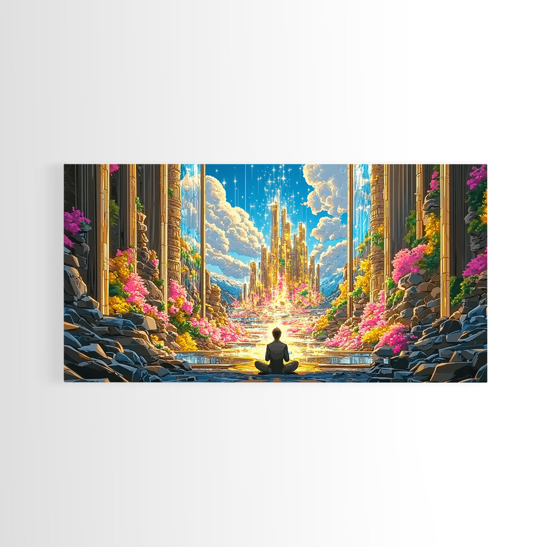 Meditating Figure Before Golden Celestial City Canvas Print, Fantasy Wall Art, Spiritual Decor, Meditation Room Art Gift