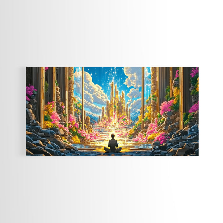 Meditating Figure Before Golden Celestial City Canvas Print, Fantasy Wall Art, Spiritual Decor, Meditation Room Art Gift