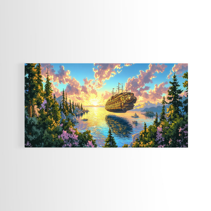 Steampunk Airship Over Sunset Forest Lake Framed Canvas Print, Fantasy Wall Art, Nature Decor, Cabin Living Room Art Gift