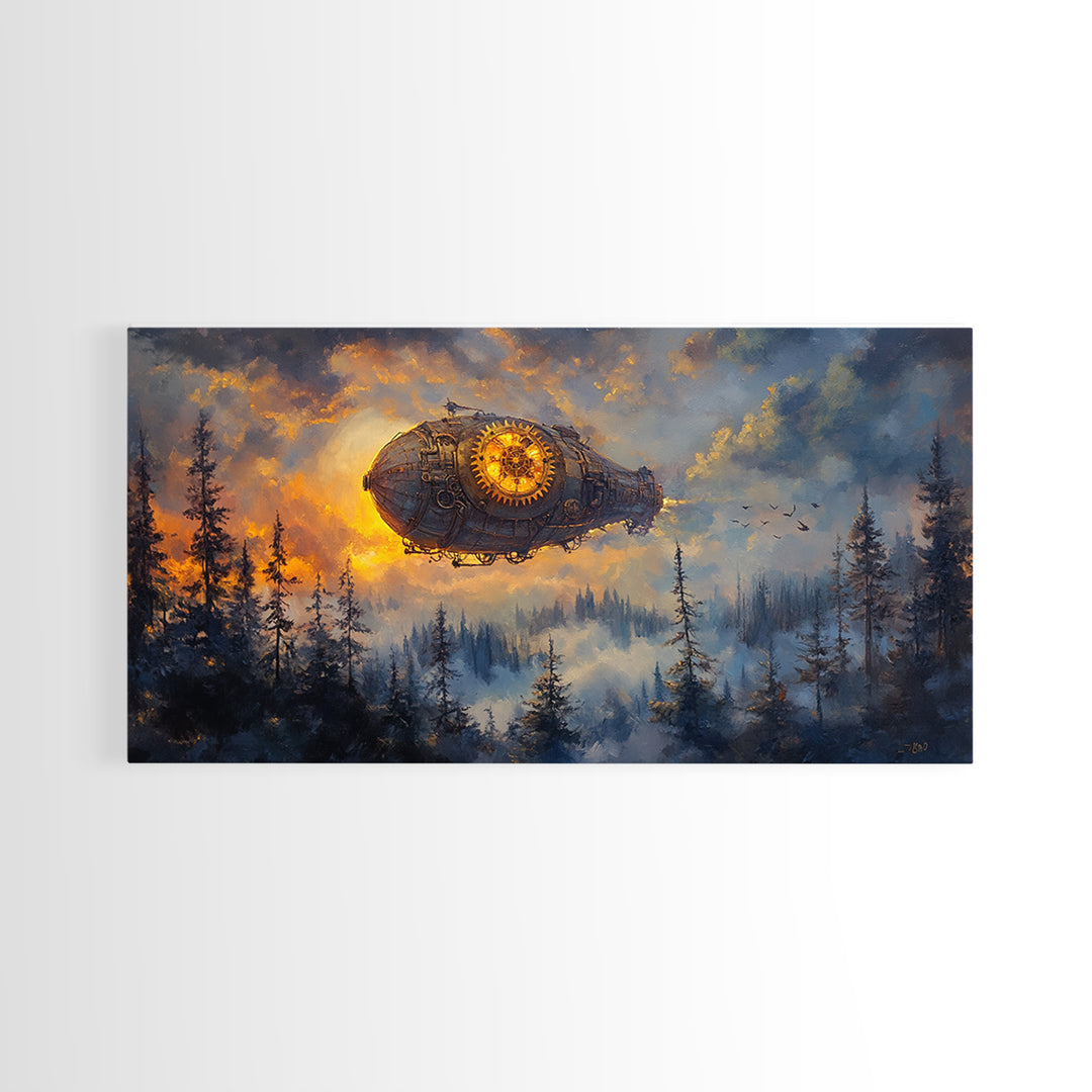 Moody Steampunk Airship Above Misty Pine Forest Canvas Print, Dark Fantasy Wall Art, Industrial Decor, Masculine Office Art