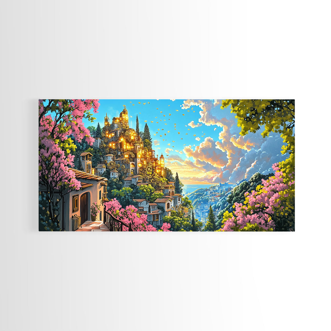 Golden Hilltop Castle With Pink Blossoms And Blue Valley Wall Art, Fantasy Canvas Print, Mediterranean Decor, Maximalist Art Gift