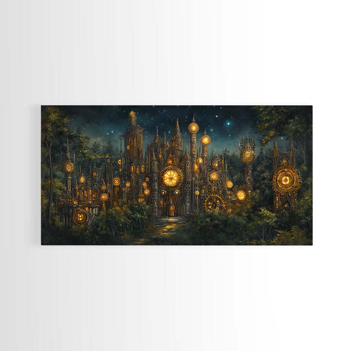 Clockwork Cathedral In Starry Forest Wall Art, Steampunk Fantasy City Canvas, Gothic Celestial Decor, Moody Office Print