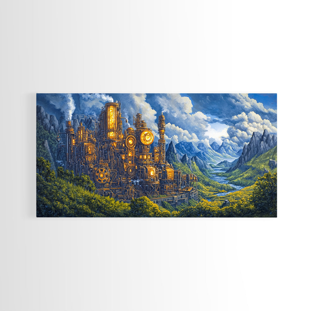Steampunk Mountain Fortress Canvas Print, Industrial Fantasy Landscape Art, River Valley Wall Decor, Adventure Home Decor