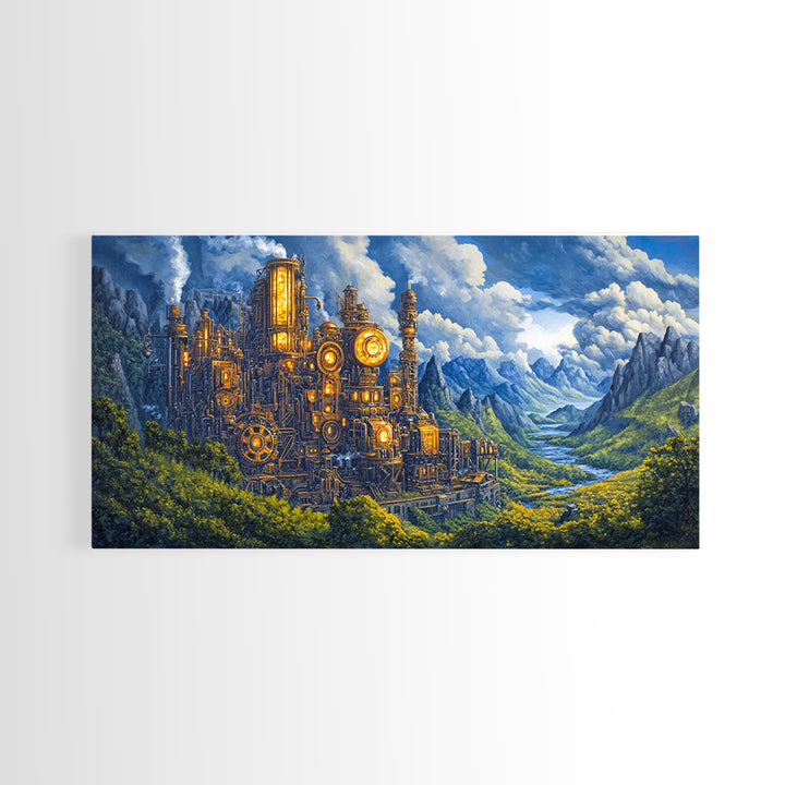 Steampunk Mountain Fortress Canvas Print, Industrial Fantasy Landscape Art, River Valley Wall Decor, Adventure Home Decor
