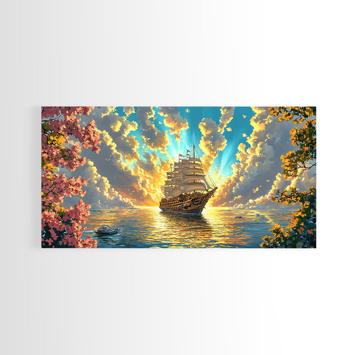 Golden Sailing Ship Canvas Print, Sunset Ocean Seascape Wall Art, Nautical Coastal Decor, Romantic Beach House Living Room Art