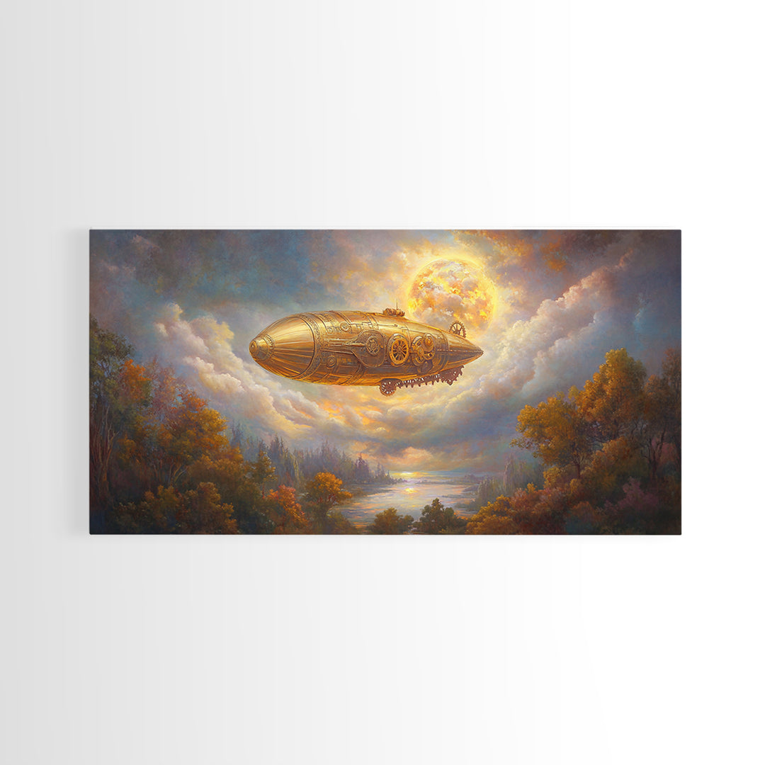 Golden Steampunk Airship Framed Canvas Print, Autumn River Landscape Wall Art, Celestial Moon Decor, Fantasy Office Art Print