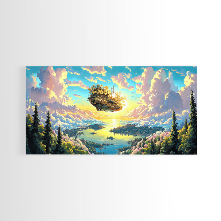 Floating Clockwork Island Canvas Print, Dreamy Lake Sunrise Wall Art, Pastel Cloud Fantasy Decor, Whimsical Home Decor Art