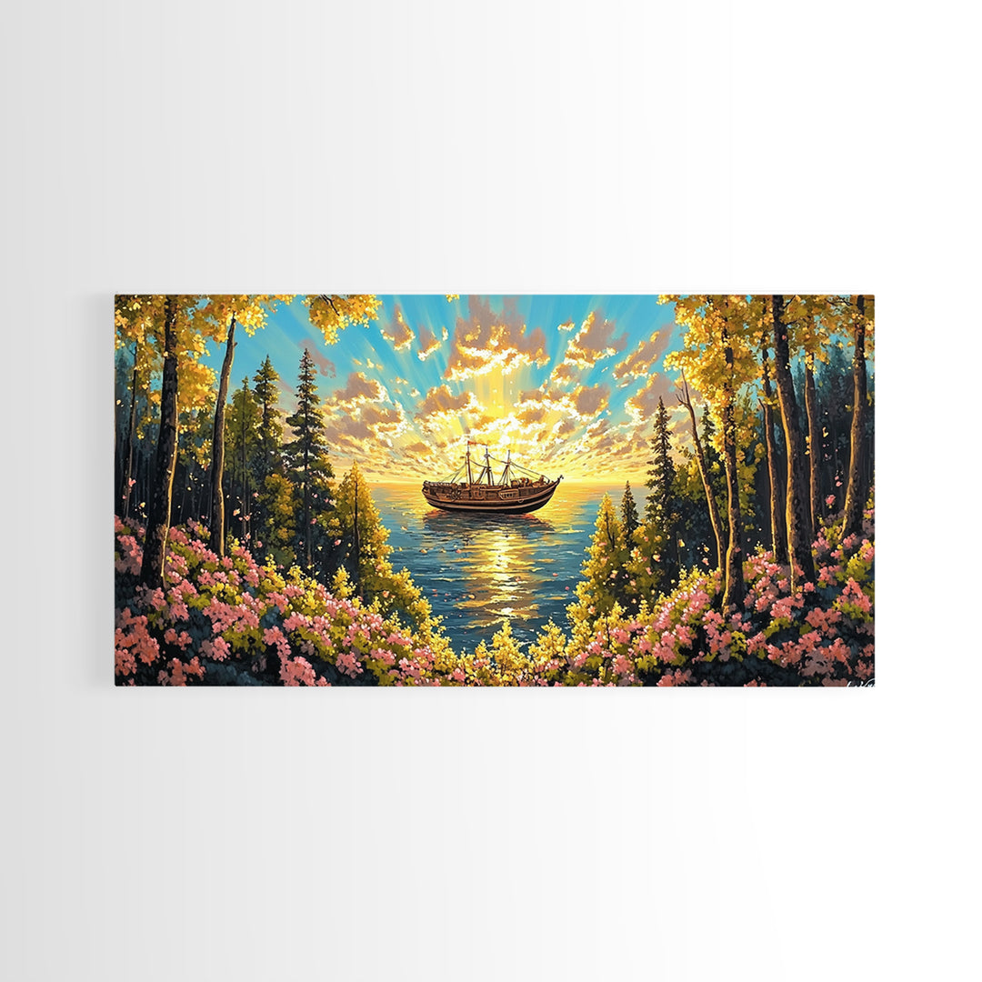 Sunset Boat On Forest Lake Wall Art, Wildflower Coastal Landscape Canvas Print, Rustic Nature Home Decor, Cozy Cabin Art