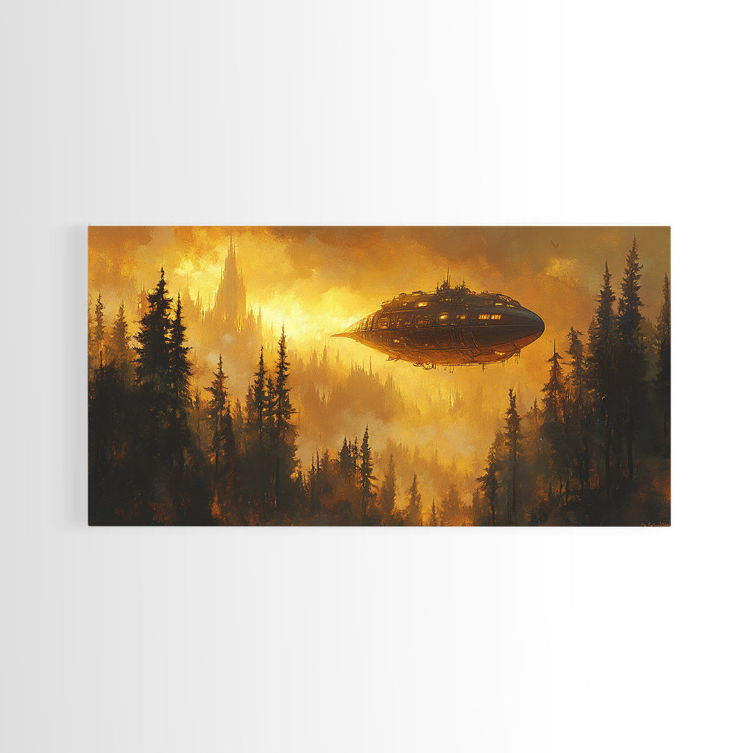 Golden Airship Over Pine Forest Wall Art, Dark Fantasy Castle Canvas Print, Moody Steampunk Landscape, Gothic Home Decor
