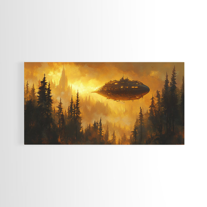 Golden Airship Over Pine Forest Wall Art, Dark Fantasy Castle Canvas Print, Moody Steampunk Landscape, Gothic Home Decor