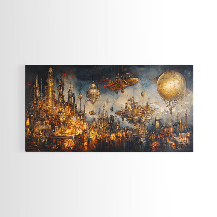 Steampunk Fantasy City With Airships Framed Canvas Print, Futuristic Wall Art, Dark Sci Fi Decor, Large Gothic Skyline Art