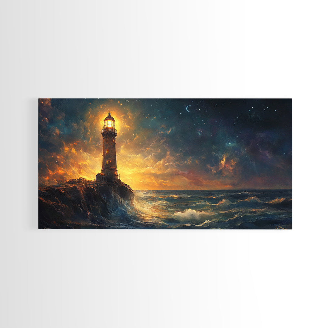 Stormy Lighthouse At Night Framed Canvas Print, Moody Seascape Wall Art, Coastal Decor, Ocean Painting, Gift For Him, Office Decor
