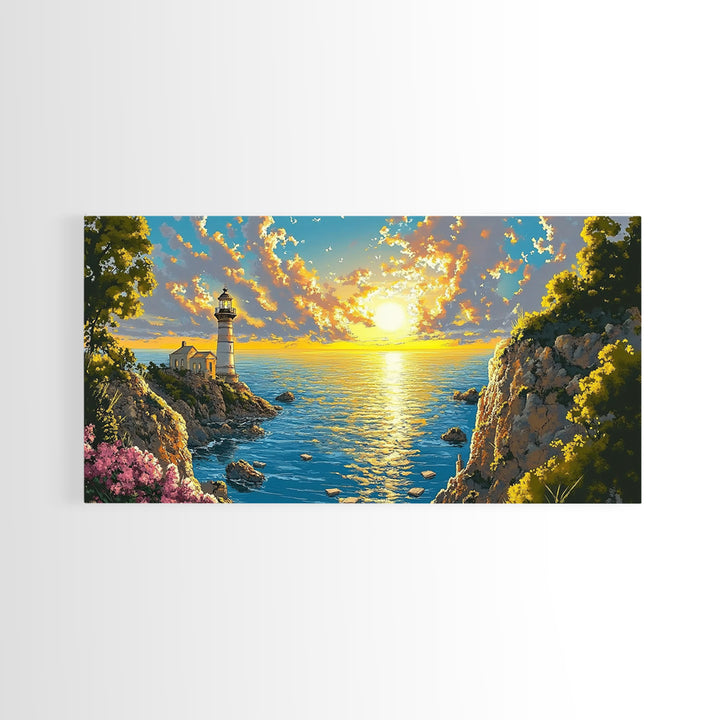 Golden Coastal Cove Lighthouse Canvas Print, Beach Wall Art, Ocean Sunset Painting, Nautical Decor, Living Room Wall Art