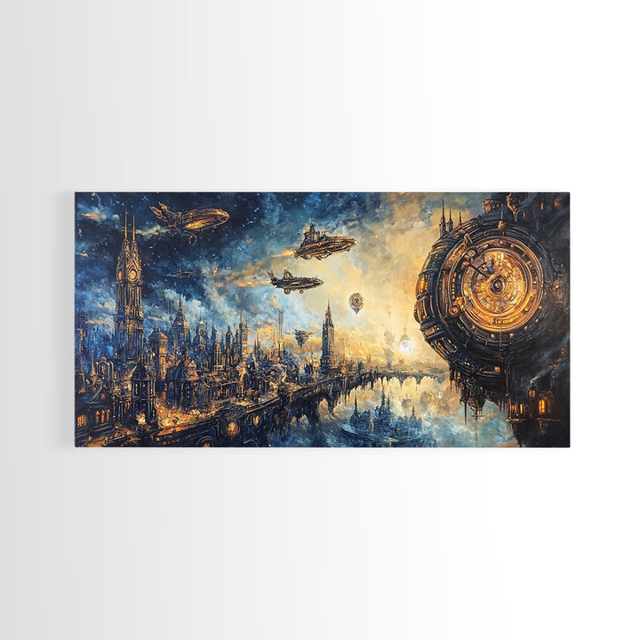Sci Fi Clockwork City With Airships Framed Canvas Print, Futuristic Wall Art, Space Decor, Cyberpunk Cityscape Art, Large Wall Art
