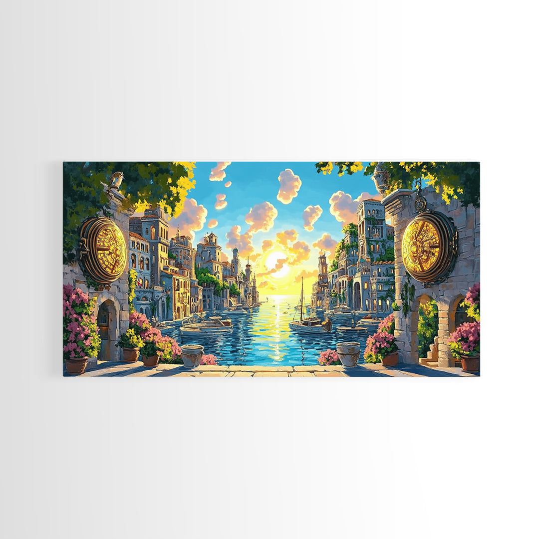 Glowing Canal City With Golden Portals Framed Canvas Print, Mediterranean Wall Art, Coastal Decor, Fantasy Landscape Art