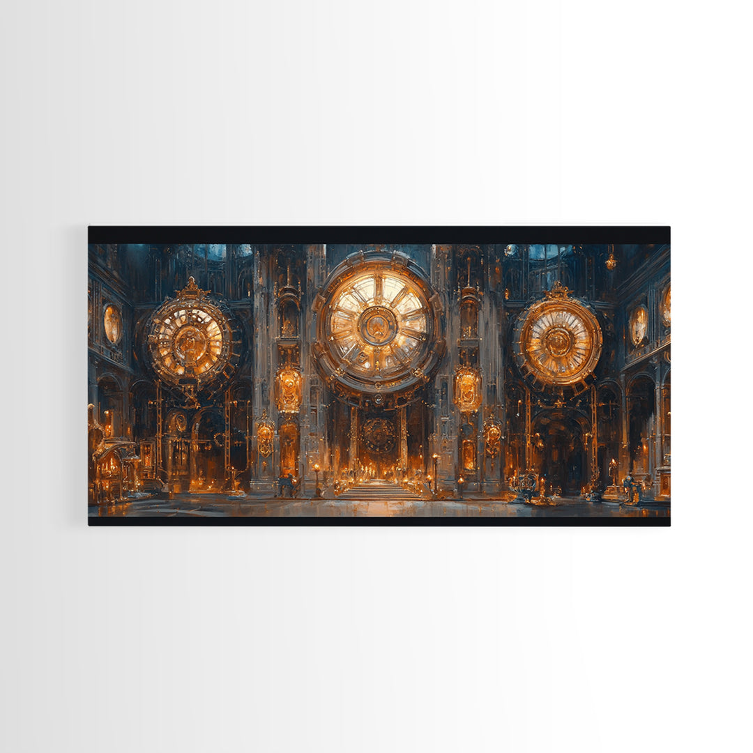 Ornate Steampunk Clock Hall Framed Canvas Print, Gothic Wall Art, Industrial Decor, Large Clockwork Interior Art, Office Decor