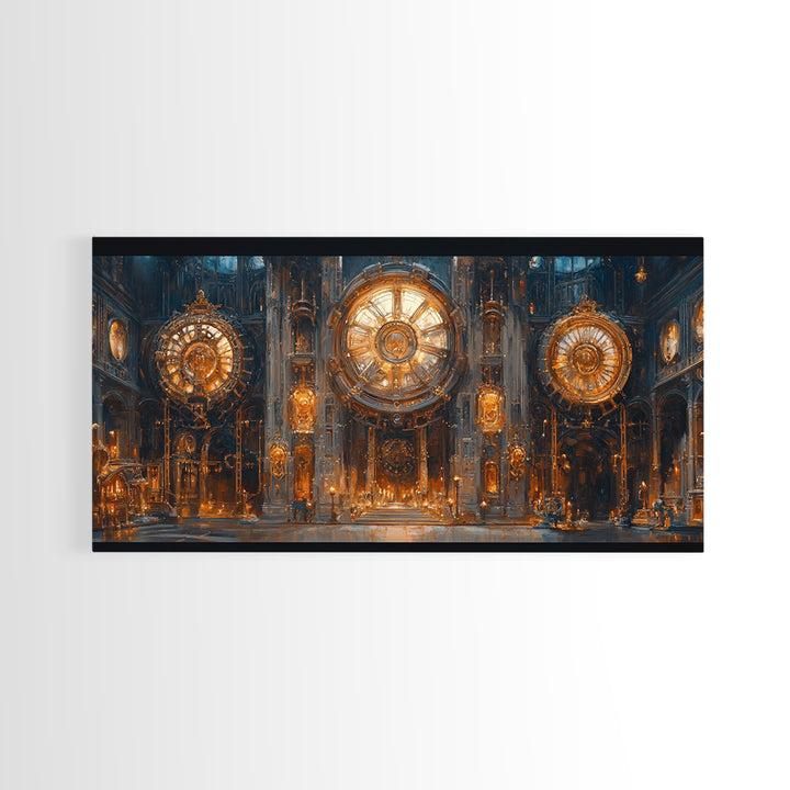 Ornate Steampunk Clock Hall Framed Canvas Print, Gothic Wall Art, Industrial Decor, Large Clockwork Interior Art, Office Decor