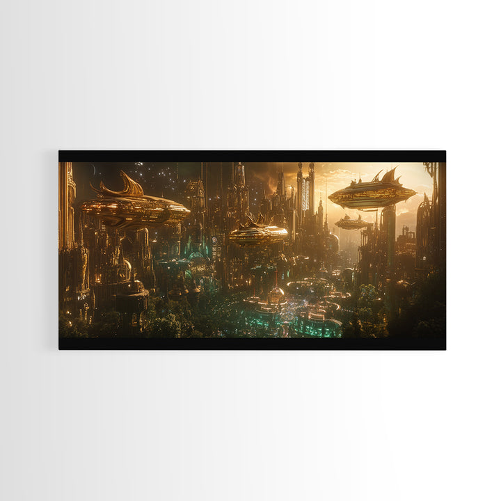 Golden Futuristic City With Airships Canvas Print, Cyberpunk Wall Art, Sci Fi Decor, Dark Fantasy Skyline, Large Wall Art