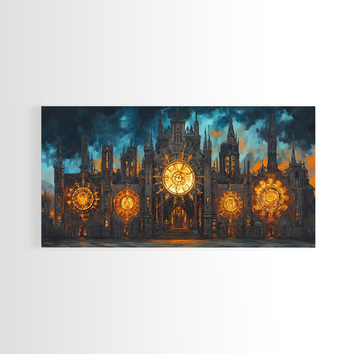 Gothic Clockwork Cathedral With Glowing Clocks Framed Canvas Print, Dark Academia Wall Art, Steampunk Decor, Large Wall Art