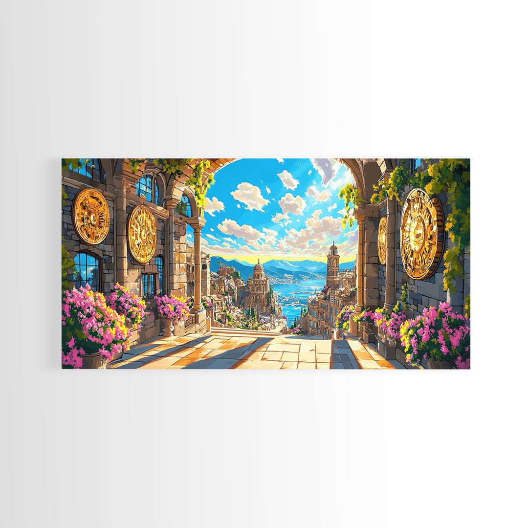 Sunlit Mediterranean Archway And Floral Coastal City Wall Art, Fantasy Italy Seascape Print, Large Travel Decor Home Decor Canvas Print