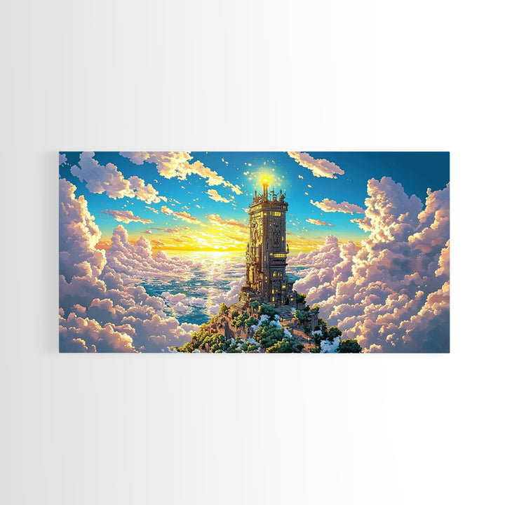 Golden Tower Above The Clouds Canvas Print, Fantasy Sky Castle Wall Art, Celestial Sunset Landscape For Living Room Decor