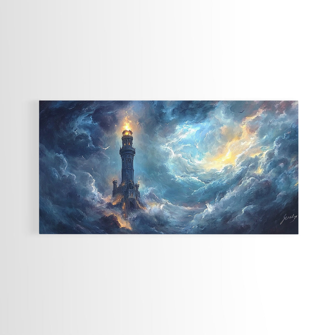 Stormy Lighthouse In Rolling Clouds Framed Canvas Print, Moody Seascape Wall Art, Dark Fantasy Ocean Decor For Living Room