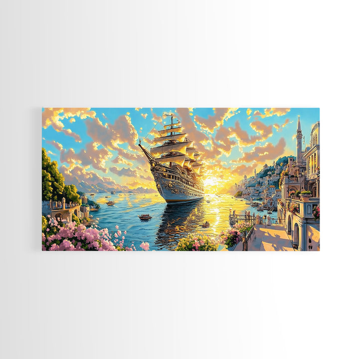 Golden Sailing Ship At Sunset Framed Canvas Print, Amalfi Coast Wall Art, Mediterranean Seascape Large Coastal Travel Home Decor