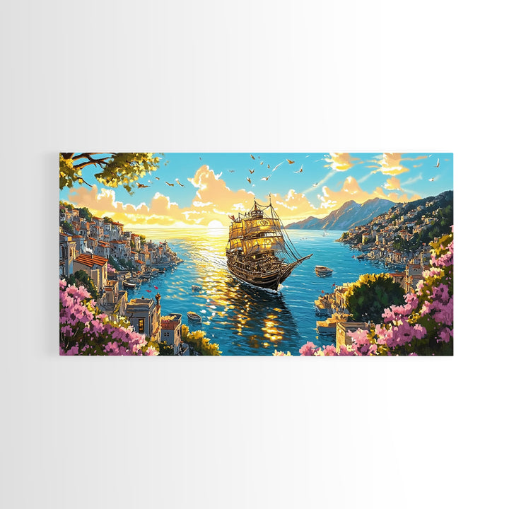 Ornate Ship In Sunlit Harbor Canvas Print, Mediterranean Coastal Wall Art, Floral Seascape Travel Home Decor For Living Room