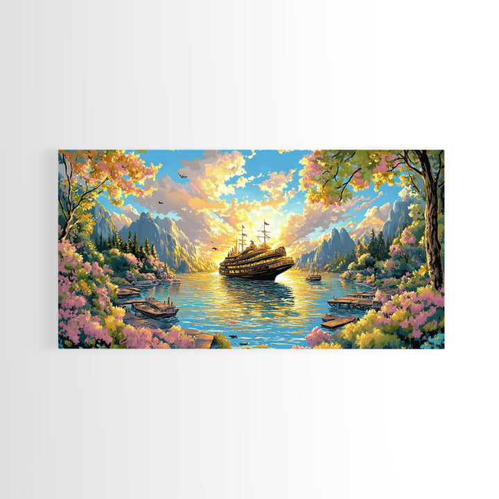 Mountain Lake With Blooming Flowers Wall Art, Fantasy Sailing Ship Canvas Print, Colorful Nature Landscape Large Home Decor