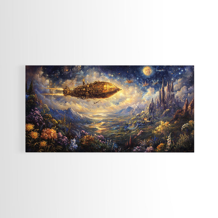 Golden Airship Over Moonlit Castle Valley Framed Canvas Print, Celestial Fantasy Wall Art, Steampunk Landscape Decor For Living Room
