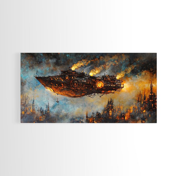 Dark Steampunk Airship Above Industrial City Canvas Print, Sci Fi Fantasy Wall Art, Moody Urban Living Room Decor For Home Office