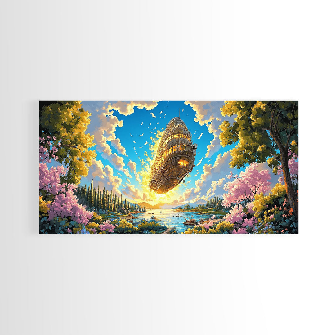 Golden Steampunk Airship Over Blossom Lake Canvas Print, Large Fantasy Landscape Wall Art, Whimsical Coastal Home Decor Gift