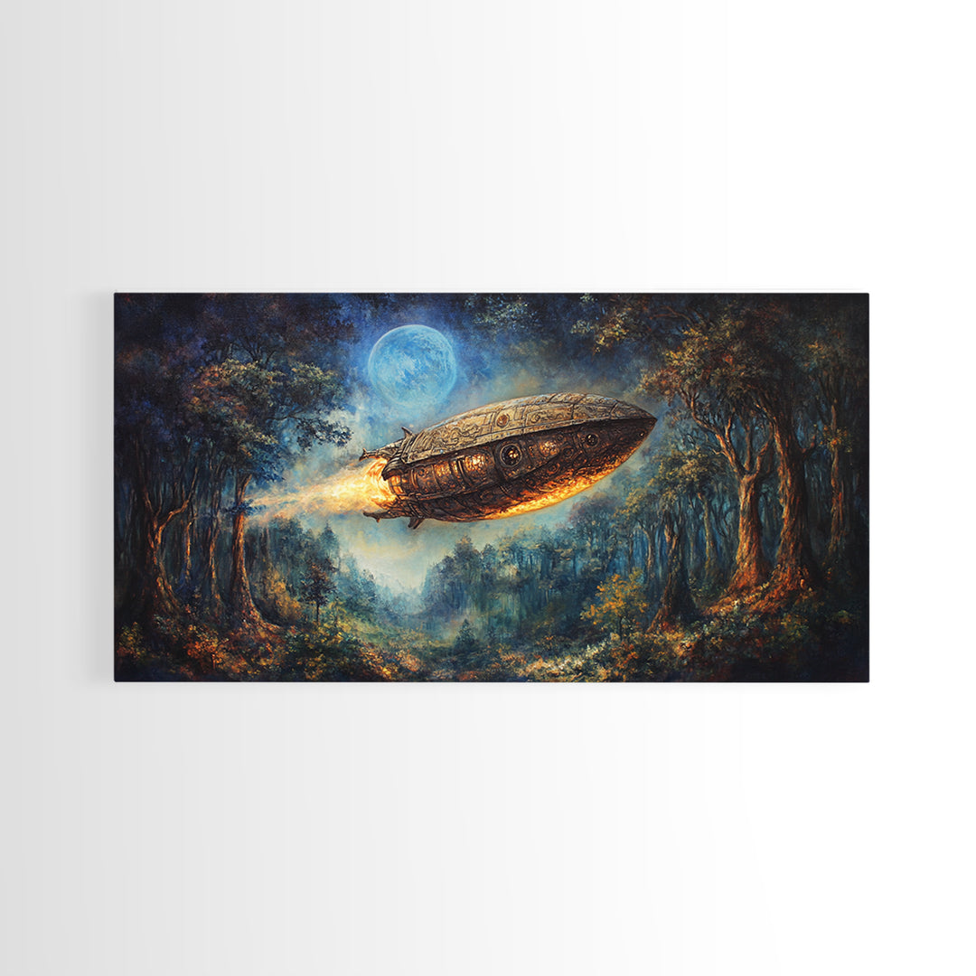Moonlit Steampunk Airship In Dark Forest Framed Canvas Print, Fantasy Wall Art, Moody Gothic Living Room And Office Decor