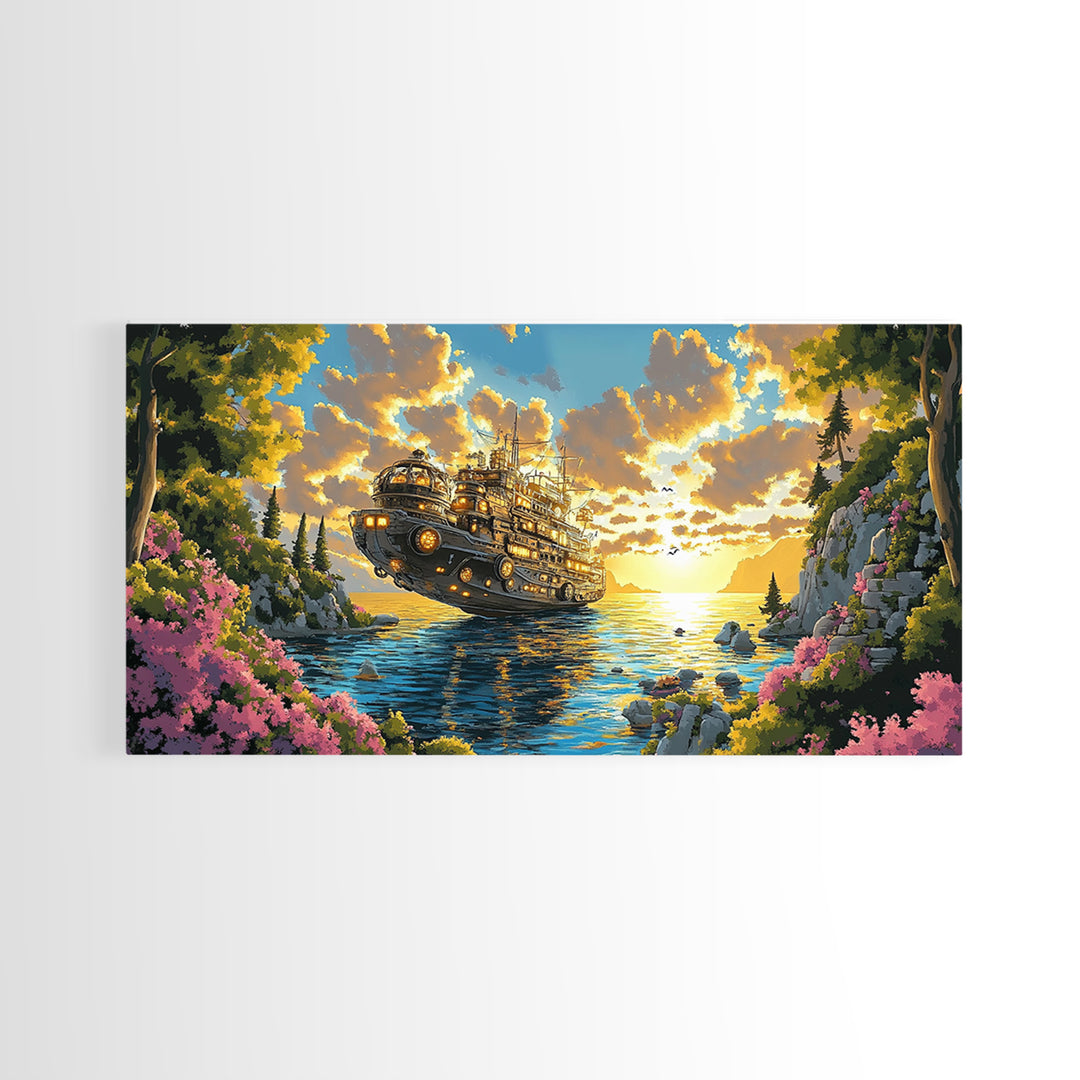 Mechanical Steampunk Ship On Sunlit Mountain Lake Canvas Print, Fantasy Wall Art, Colorful Coastal Living Room Decor Gift