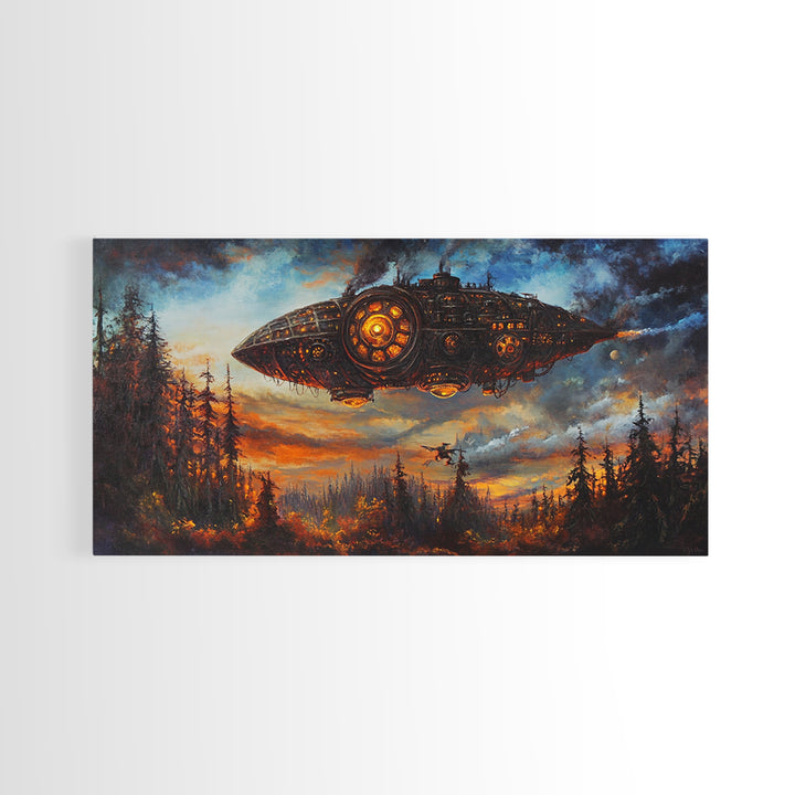 Dark Steampunk Airship Above Pine Forest Sunset Framed Canvas Print, Dystopian Sci Fi Wall Art, Moody Living Room Office Decor