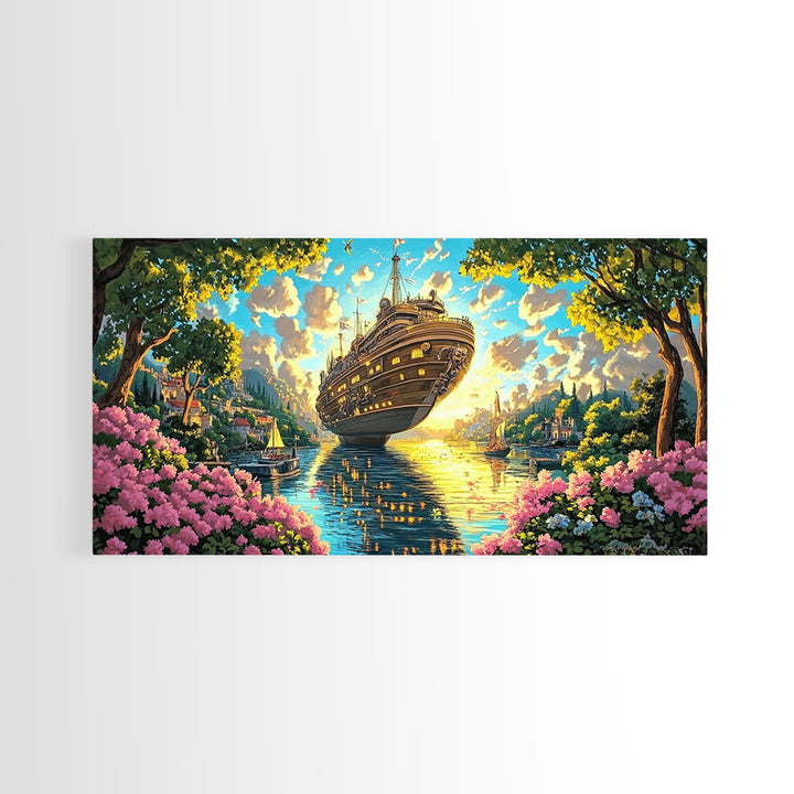 Ornate Floating Ship In Garden Harbor Canvas Print, Whimsical Fantasy Coastal Wall Art, Bright Lake House Living Room Decor