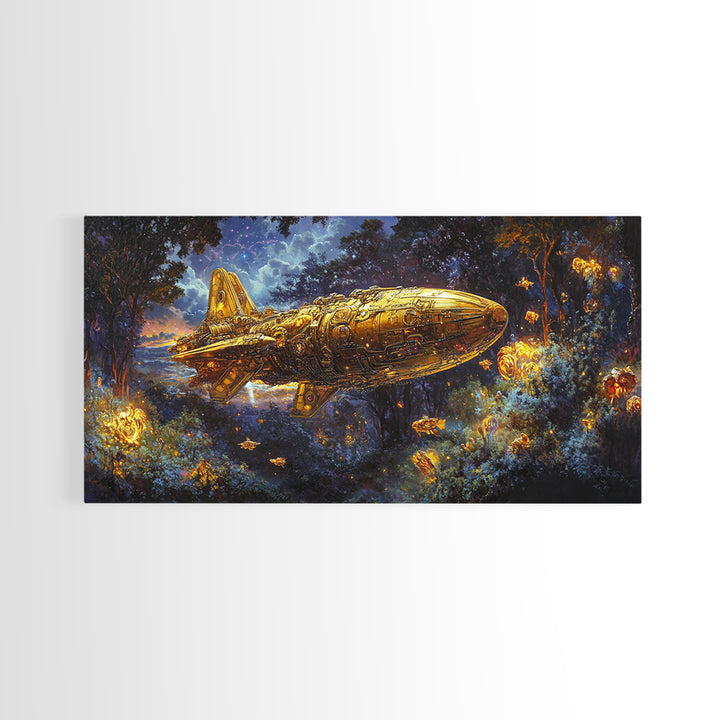 Golden Rocket Airship In Enchanted Night Forest Framed Canvas Print, Fantasy Wall Art, Firefly Woodland Decor For Bedroom