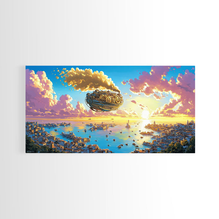 Pastel Steampunk Airship Over Coastal City Sunrise Canvas Print, Fantasy Travel Wall Art, Colorful Mediterranean Home Decor
