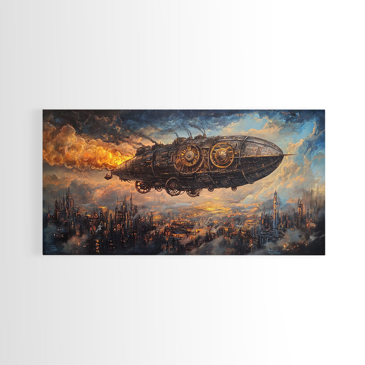 Industrial Steampunk Airship Over Dystopian City Framed Canvas Print, Sci Fi Wall Art, Dark Futuristic Living Room Office Decor