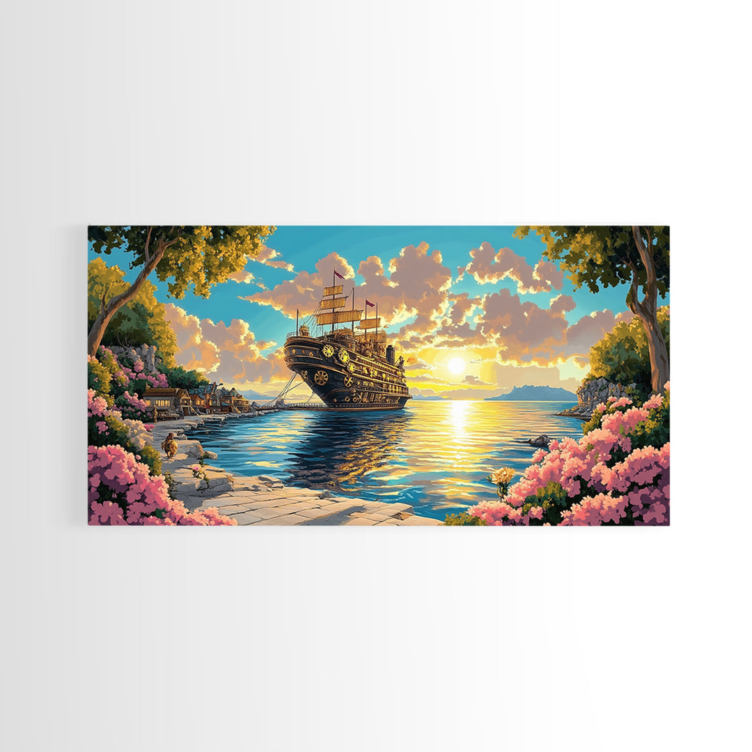 Ornate Steampunk Ship Docked In Flower Harbor Canvas Print, Fantasy Coastal Wall Art, Golden Sunset Living Room Decor Gift