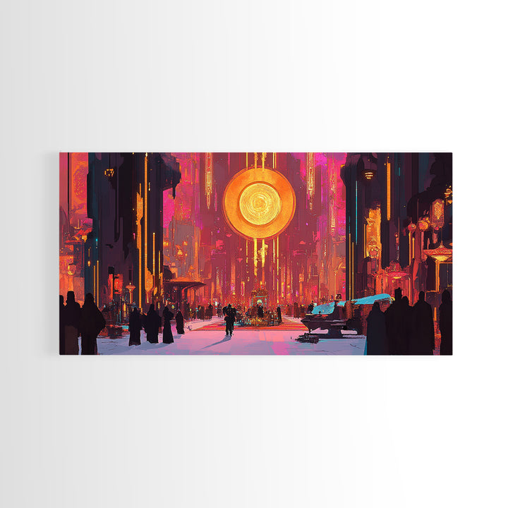 Neon Cyberpunk City With Golden Sun Disc Canvas Print, Futuristic Wall Art For Gaming Room And Modern Office Decor, Home Decor