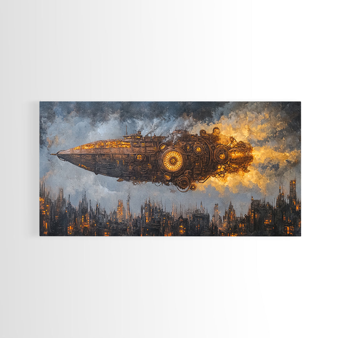 Steampunk Starship Over Smoky Dystopian Skyline Framed Canvas Print, Sci Fi Wall Art For Industrial Office And Man Cave Decor