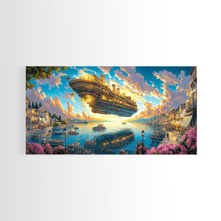 Golden Airship Above Mediterranean Harbor Canvas Print, Fantasy Travel Wall Art For Coastal Decor And Elegant Living Room Decor