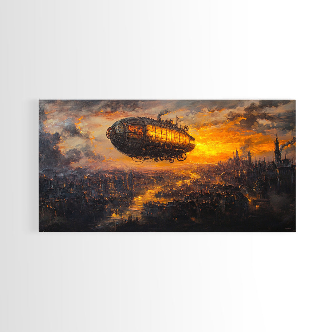 Moody Steampunk Airship At Fiery Sunset Framed Canvas Print, Dystopian City Wall Art For Gothic Office And Masculine Decor